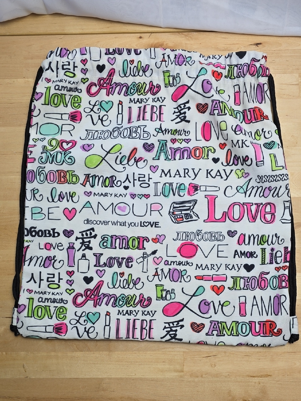 Mary Kay Cosmetic Multilingual Love Cinch Bag Backpack - Pink and Green Accents